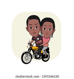illustration cartoon vector black couple riding  classic red motorcycle  Isolated and white background 
