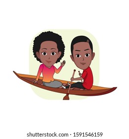 Illustration Of Cartoon Vector Black Couple Riding A Boat. Man Paddles And Woman Greets Waving Hands. Isolated With White Background.