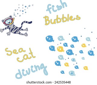 illustration of a cartoon vector cat diving with fishes.