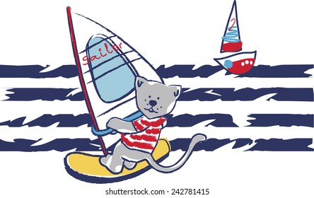 illustration of a cartoon vector cat windsurfing in the ocean. Print of a sailor cat in the sea.