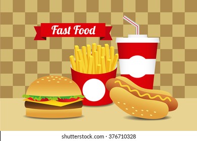Illustration of cartoon vector fast food on the table.