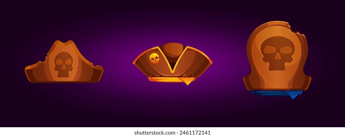illustration; cartoon; vector; graphic; progress; game; hats; skull; scarf; purple; brown; blue; yellow; pirate; torn; design; icon; 
