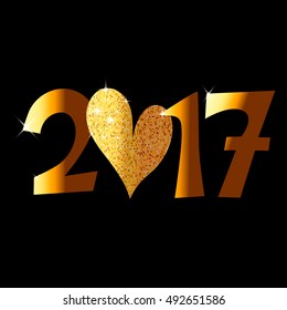 Illustration cartoon vector number 2017 new year shine gold yellow color with sparkles and symbol heart, love 2017, isolated on black background, vector eps 10