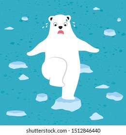 Illustration Cartoon Vector Of A Polar Bear Stands On Melting Ice Sheet Because Of The Global Warming Crisis