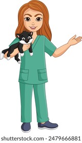 Illustration of cartoon veterinarian holding a black and white cat