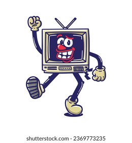 illustration cartoon vintage television with a smile face dancing good for sticker or t shirt design.
