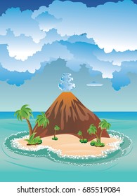 Illustration of cartoon volcano on a peaceful island.