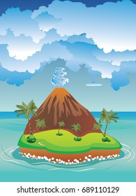 Illustration of cartoon volcano on a peaceful island.