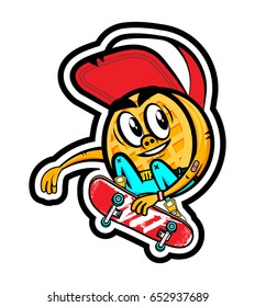 Illustration of a cartoon waffle doing a trick on a skateboard