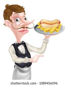 An Illustration of a Cartoon Waiter Butler Holding Hotdog Pointing