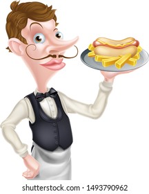 An Illustration of a Cartoon Waiter Butler Holding Hotdog and Fries