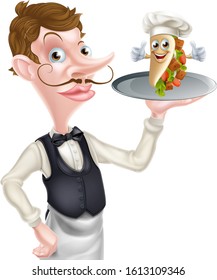 An Illustration of a Cartoon Waiter Butler Holding Kebab Mascot