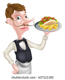 An Illustration of a Cartoon Waiter Butler Holding Kebab and Fries