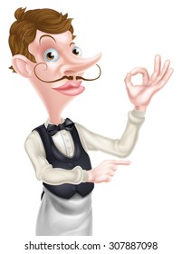 An illustration of a cartoon waiter doing a perfect or okay sign and pointing