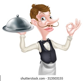 An illustration of a cartoon waiter doing a perfect or okay sign and holding a silver platter dome