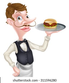 An illustration of a cartoon waiter holding a tray with a burger on it 