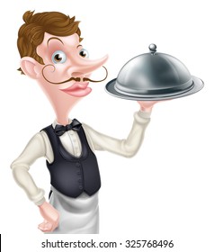 An illustration of a cartoon waiter holding a tray or silver dome