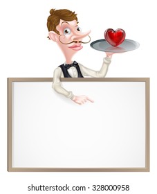 An illustration of a cartoon waiter holding a tray with a heart icon on it  and pointing at a signboard