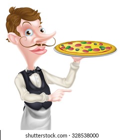 An illustration of a cartoon waiter holding a tray with a pizza on it and pointing