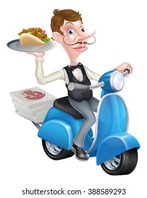 An Illustration of a Cartoon Waiter on Scooter Moped Delivering Shawarma