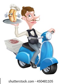 An Illustration of a Cartoon Waiter on Scooter Moped With Hot Dog