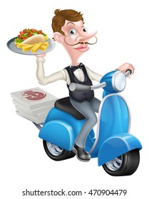 An Illustration of a Cartoon Waiter on Scooter Moped Delivering Kebab