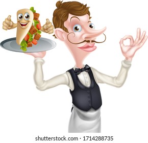 An Illustration of a Cartoon Waiter With Perfect Kebab