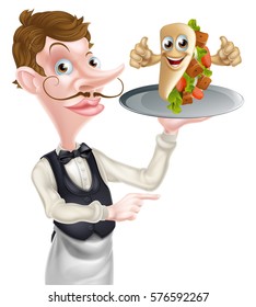 An Illustration of a Cartoon Waiter Pointing and Kebab