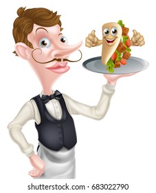 An Illustration of a Cartoon Waiter and Thumbs Up Kebab