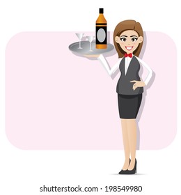 illustration of cartoon waitress serving alcohol with tray