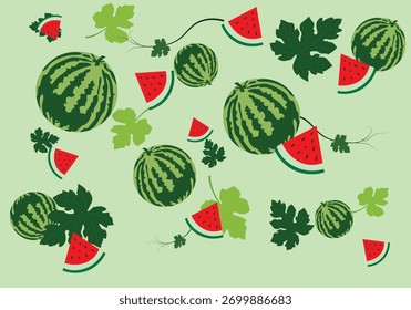 Illustration of a cartoon watermelon and triangular slices