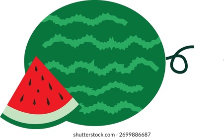 Illustration of a cartoon watermelon and triangular slices