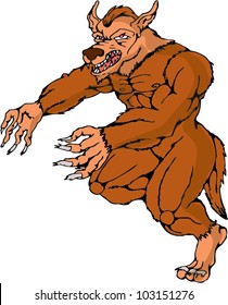 illustration of a cartoon werewolf wolfman running attacking on isolated white background