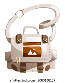 Illustration of a cartoon white hiking backpack with one strap.