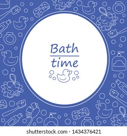 Illustration of cartoon white objects for bathroom on blue background. Billbord with place for tex for. 