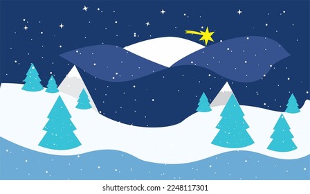 Illustration: Cartoon winter snowy mountain landscape with pine trees and hills. Dark blue sky