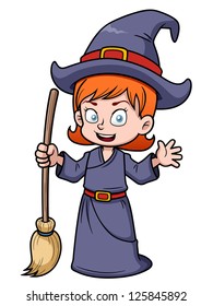 illustration of cartoon witch with broomstick