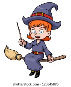 illustration of cartoon witch flying on a broomstick