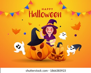 Illustration Of Cartoon Witch With Funny Ghosts, Spooky Pumpkins, Bats And Bunting Flags On Orange Background For Happy Halloween Celebration.