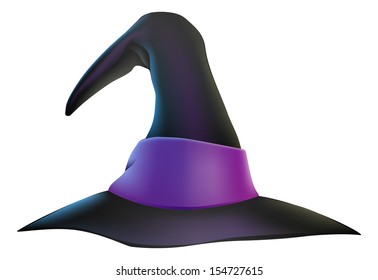 An illustration of a cartoon witch's hat with purple ribbon