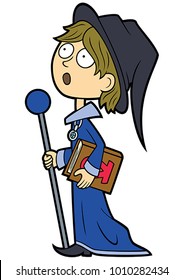 Illustration cartoon wizard boy with a magic staff and a book
