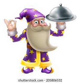 An illustration of a cartoon wizard character doing an okay or perfect gesture and holding a siver food tray or platter