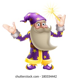 An illustration of a cartoon wizard character waving a magic wand