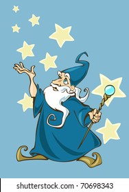 Illustration of a cartoon wizard with a magic stick in his hands