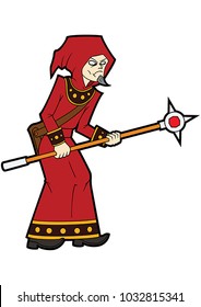 Illustration cartoon wizard man with a magic staff