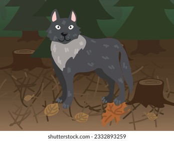 Illustration of a cartoon wolf in the forest. Forest world with a funny wolf. A wolf in its habitual habitation. Children's illustration, printing for children's books