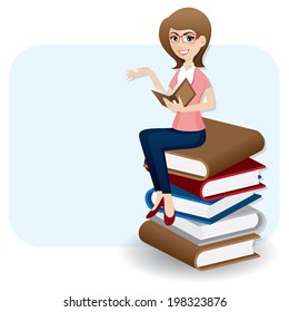 Illustration Of Cartoon Woman Reading Book On Stack Of Book