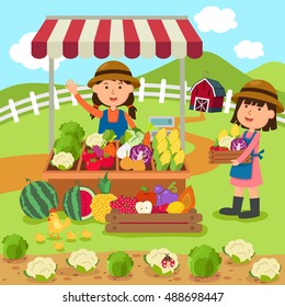 illustration cartoon woman sells fresh vegetables and fruits homemade products vector