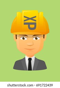 Illustration of a cartoon worker avatar with a working helmet and  a Tongue sticking text face emoticon