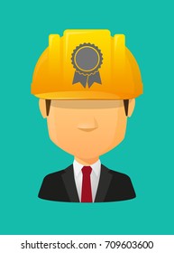 Illustration of a cartoon worker avatar with a working helmet and  a ribbon award